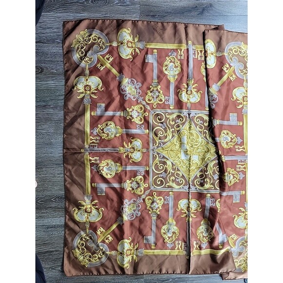 Lancel Rolled Hem Silk Scarf Decorative Scroll Keys Brown Square 34" x 34.5" - Picture 6 of 7